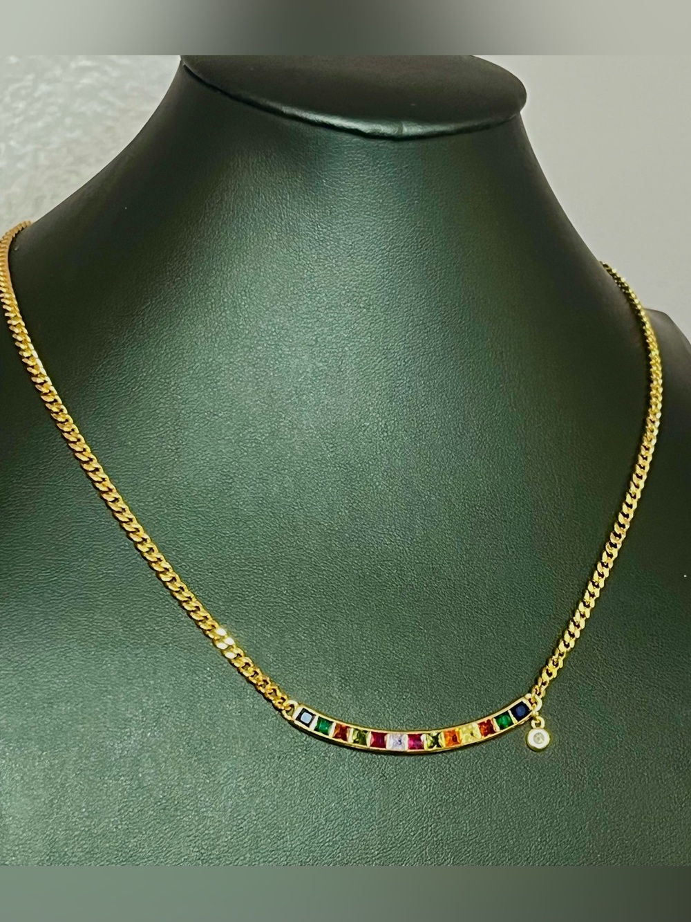 Gold Multi-Stone Bar Necklace with petite crystal dangle on Cuban chain 18”
